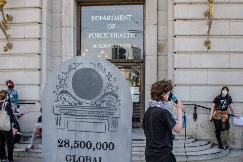 Mock up tombstone replicating the doorway of the Dept of Public Health
